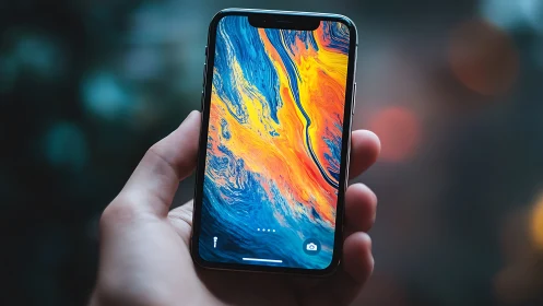 Handheld smartphone with fluid abstract OLED display pattern.