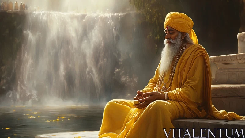 Elderly man in yellow robes meditates beside wide waterfall