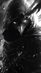 Hooded raven reaper rises from swirling monochrome shadows