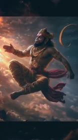 Sky-striding monkey warrior crowned in molten dawn light.