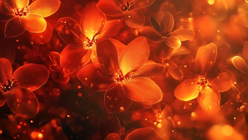 Luminous Red-Orange Flowers with Glowing Particles