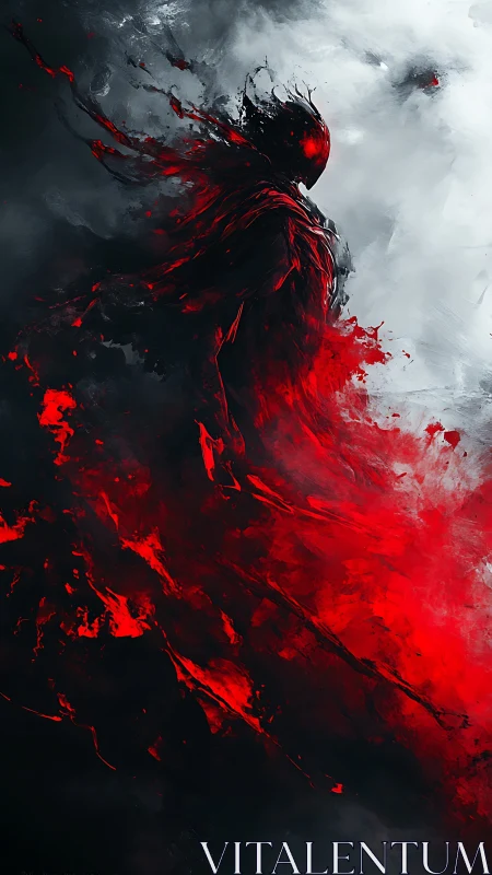 Red spectral figure dissolves into abstract smoke and flame