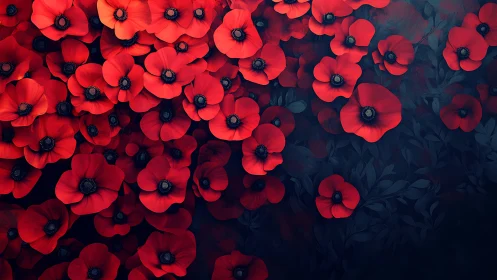 Red poppies arranged in dense composition against dark background gradient.