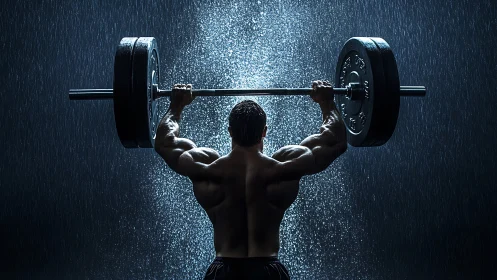Bodybuilder lifts heavy barbell under dramatic rain backlight.