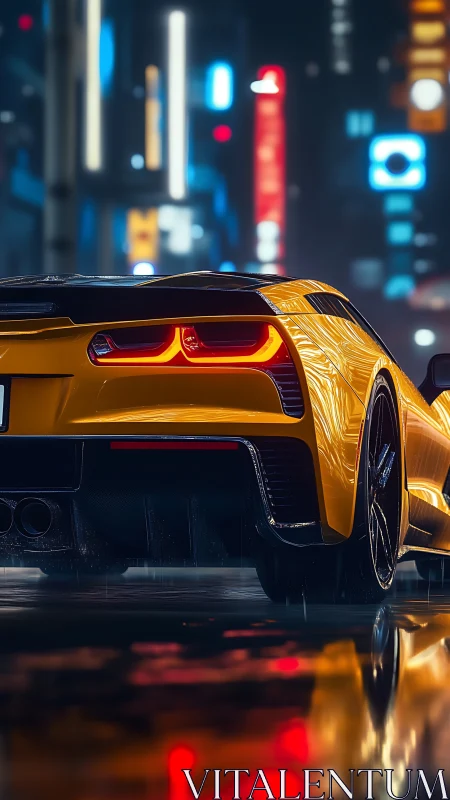 Rear-lit yellow supercar in neon-soaked rainy night city street