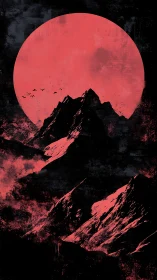 High-contrast red moon backlights jagged alpine ridge silhouettes