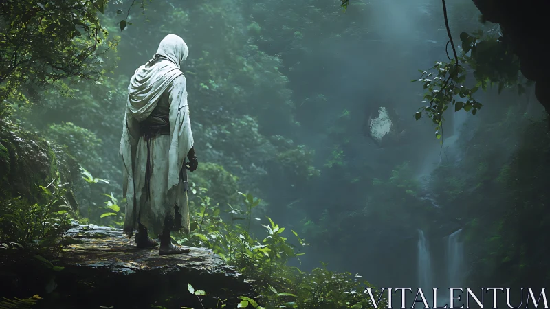 Cloaked wanderer overlooking misty jungle waterfall gorge.