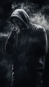Low key hooded portrait in dramatic studio smoke lighting.