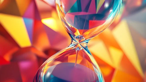 Abstract hourglass close-up with vibrant geometric background.