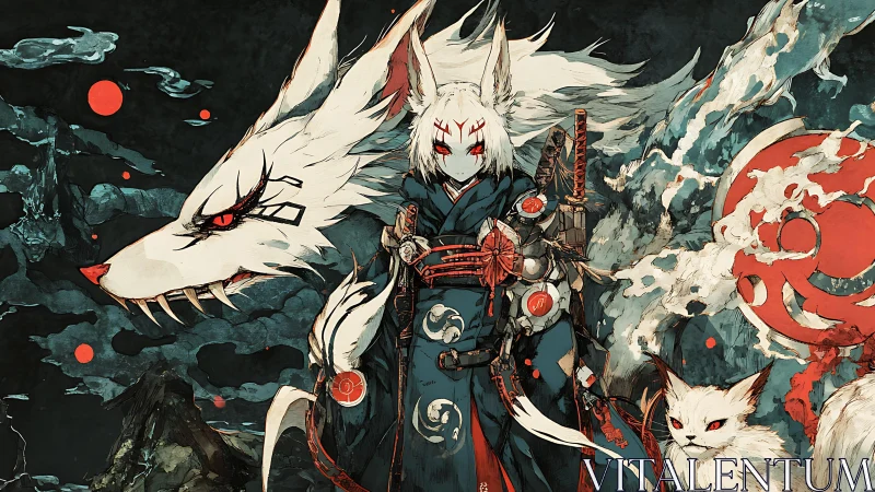 Fox spirit warrior in stylized yokai armor under crimson moons.