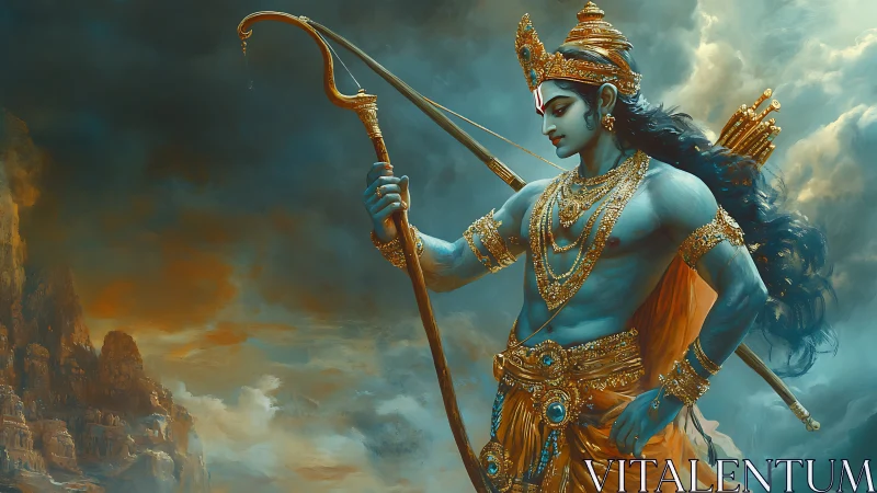 Blue-skinned archer figure stands with bow against cloudy sky