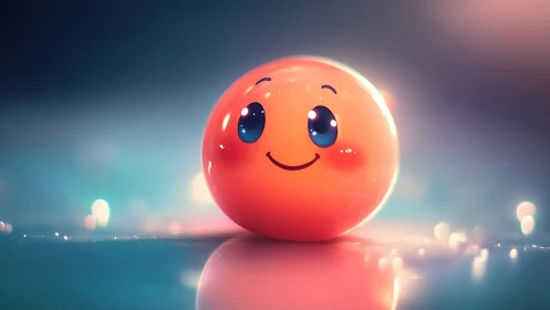 Smiling glossy orange sphere on bokeh-lit reflective surface.