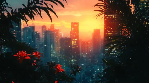 Tropical neon blossoms quietly frame a blazing cyber sunset