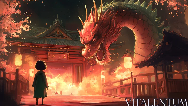 Girl confronts firelit dragon before shrine gate at night.