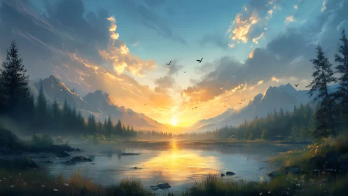 Sunrise illuminates tranquil alpine lake with misty pines