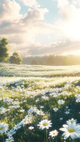 High-latitude daisy meadow under low-angle solar backlight.