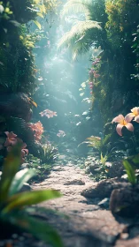 Sunlit jungle footpath gently welcomes quiet morning walks