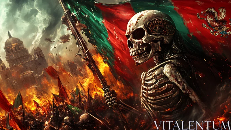 Fiery skeletal standard bearer strides through a blazing revolt