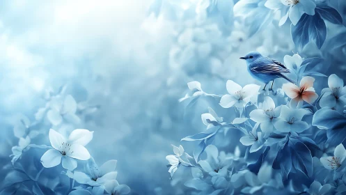 Iridescent blue songbird amid soft ethereal blossoms.