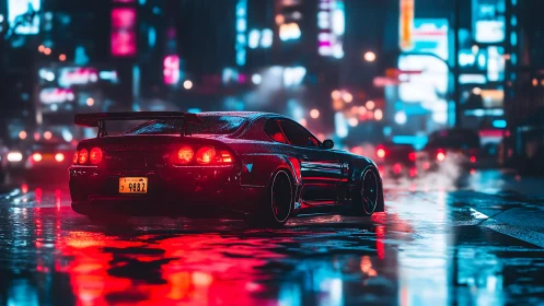 Neon-soaked street racer lounges in a rain-slicked cyber city