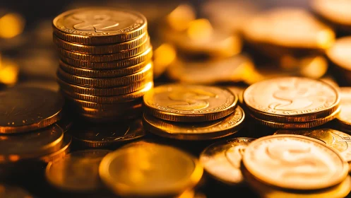 Stacked golden coins in warm macro studio lighting form wealth