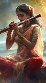 Digital painting depicts seated woman playing wooden flute