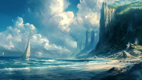 Monumental Basalt Cliffs with Solitary Sailboat Traversing Luminous Waters.