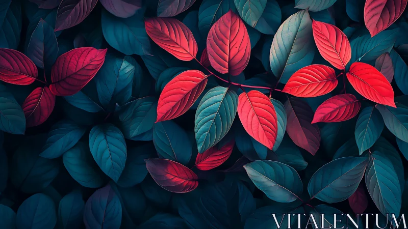 Red and teal leaves form dense overlapping foliage pattern