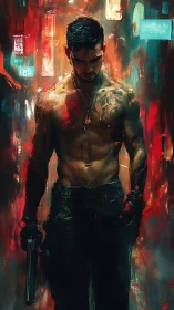 Shirtless armed figure in neon urban abstract environment.