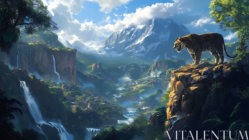 Tiger Poised Above Verdant Mountain Valley.