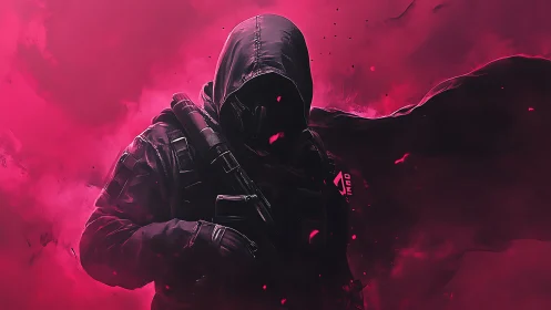 Shadowed guardian in neon pink storm of mystery.