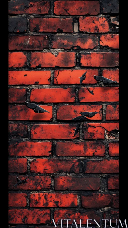 Red brick wall with dark flying birds in vertical frame