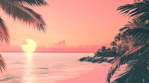 Neon tropical coastline at sunset in stylized digital painting.