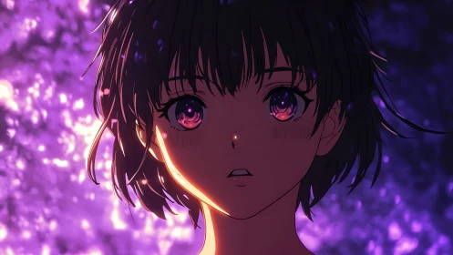 Anime girl gazes into glowing violet light with wonder