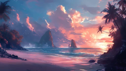 Tropical beach scene with rocky formations and sunset lighting.