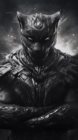 Armored panther warrior in detailed black exosuit.