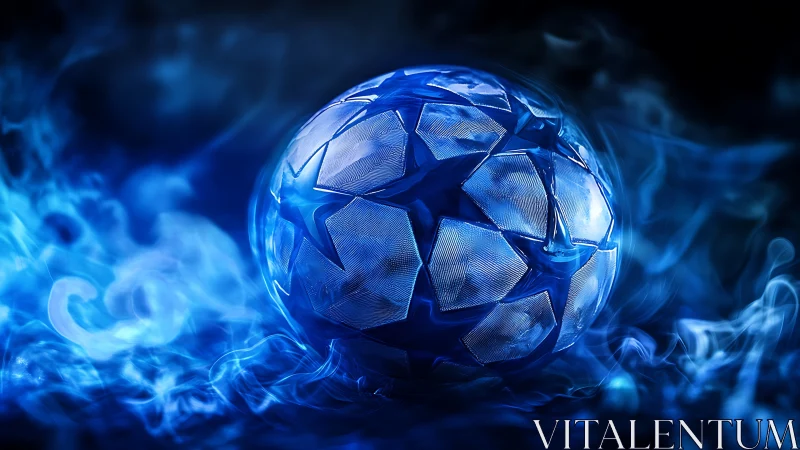 Glowing blue football sphere amid swirling luminous smoke.