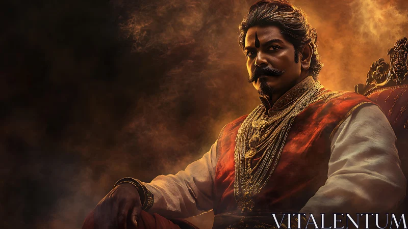 Regal Indian nobleman seated amid dramatic warm light.
