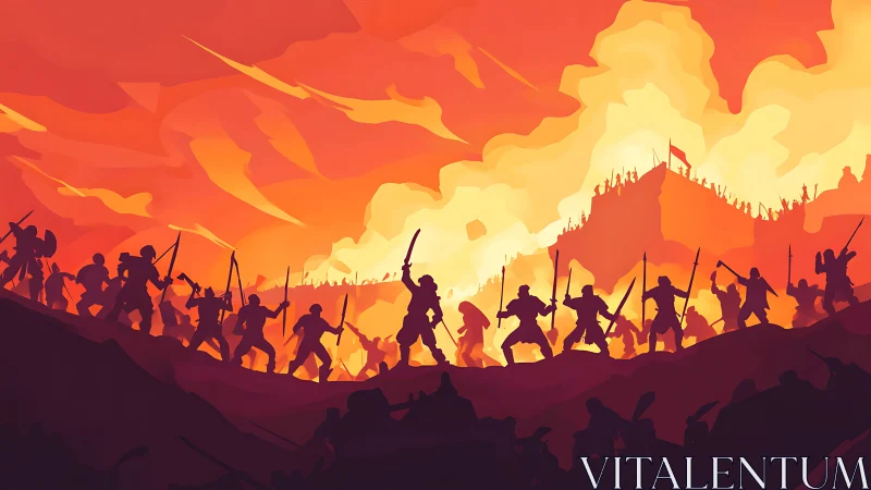 Blazing siege lines clash beneath a storm of molten sky.