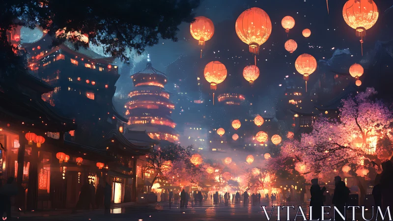 Lantern lit pagoda street under atmospheric nocturnal festival haze