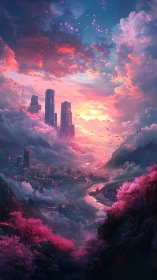 Vertical cityscape amid clouds over river valley at sunset.