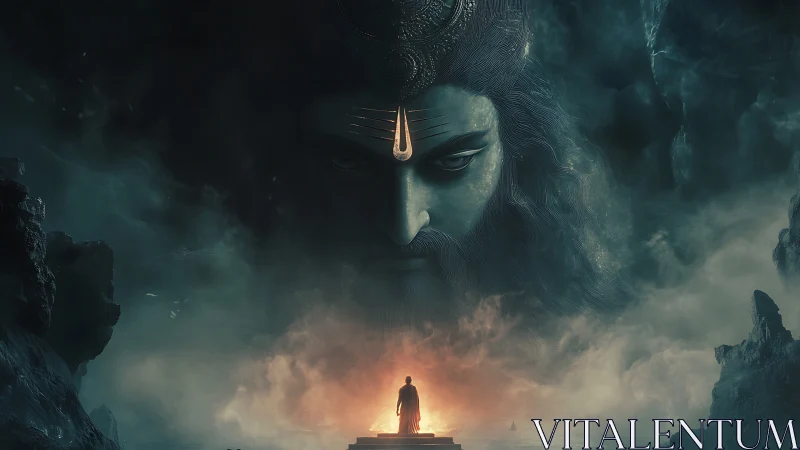 Colossal divine visage over lone robed figure in fiery mist
