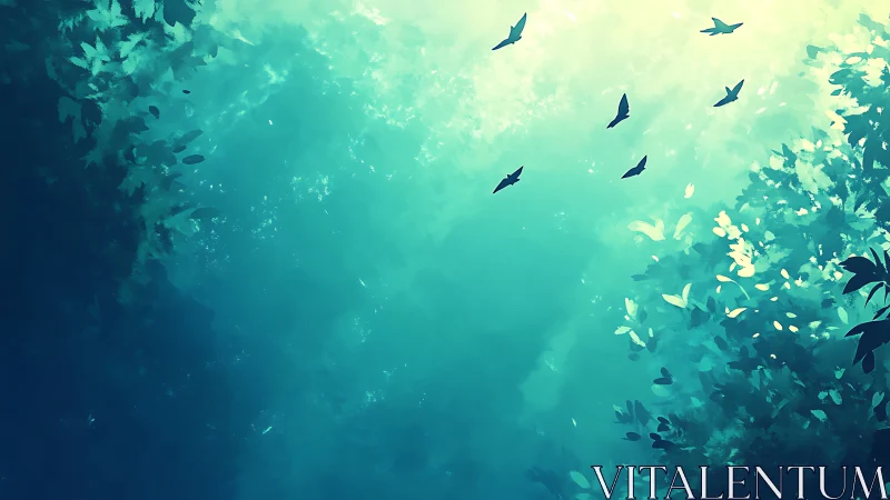 Bird silhouettes above abstract teal forest canopy scene.