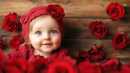 Precious Baby Surrounded by Crimson Roses.