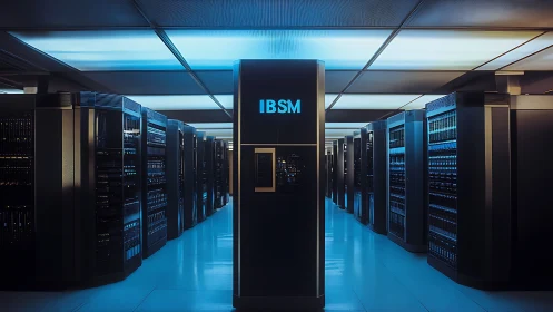 Modern IBM server room with central data rack in blue light.