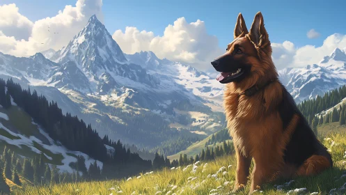 German shepherd sits on alpine meadow before snowy peaks
