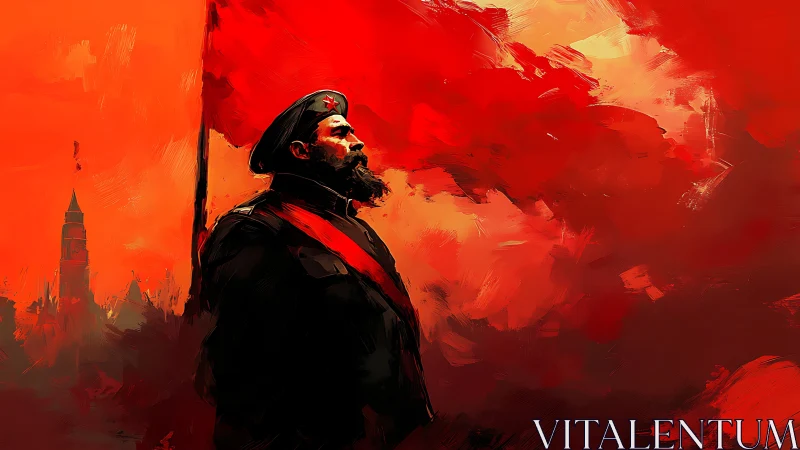 Revolutionary commander beneath a blazing red standard.