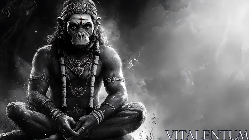 Anthropomorphic simian deity figure in monochrome setting.