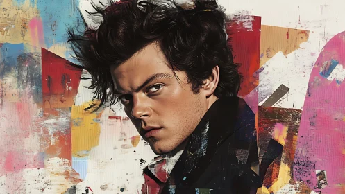 Storm-eyed portrait slices through a riot of painted color