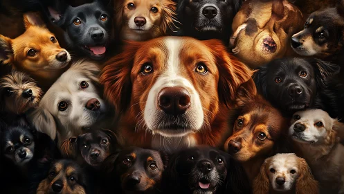 Circle of hopeful dog faces glowing in cinematic cuddle-light.